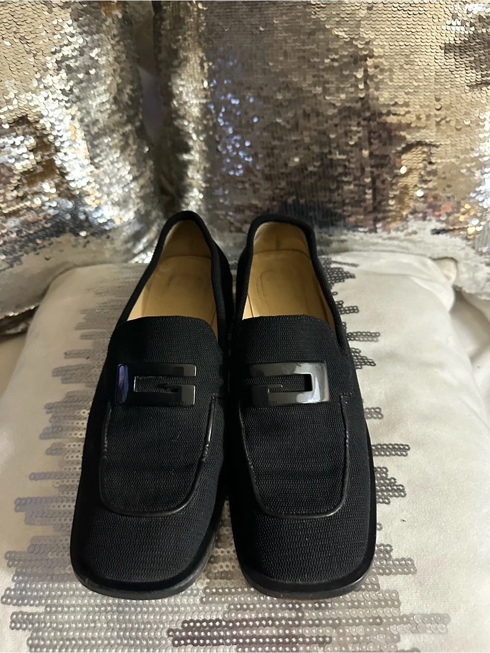 Gucci Black Slip-On Loafers with Dark Silver Buckle